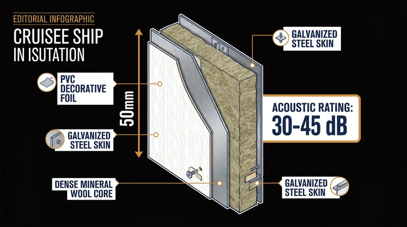 A standard marine bulkhead relies on a 50-millimeter composite sandwich of steel and mineral wool.