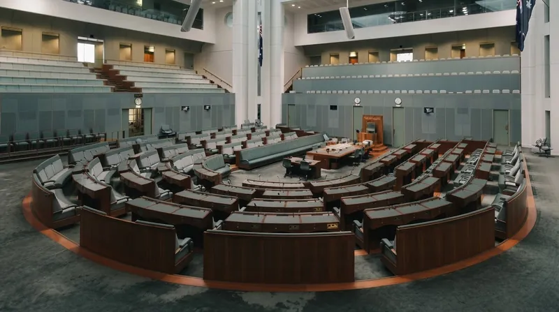 A formal parliamentary committee hearing room in Australia with wooden desks and microphones.