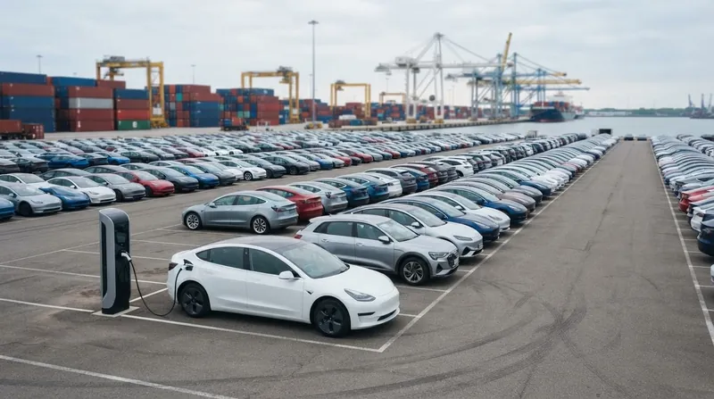 Rows of newly manufactured electric vehicles parked at a shipping terminal awaiting export.