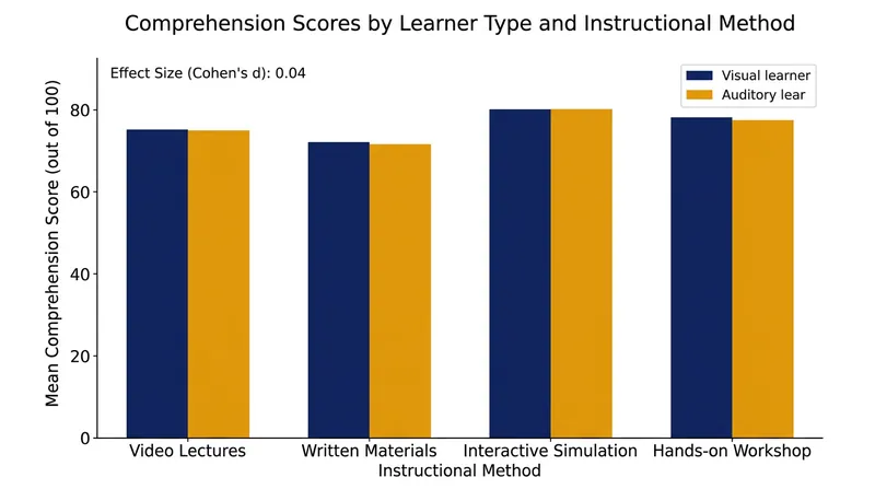 Experimental data reveals that instructional modality has no significant relationship with material retention.