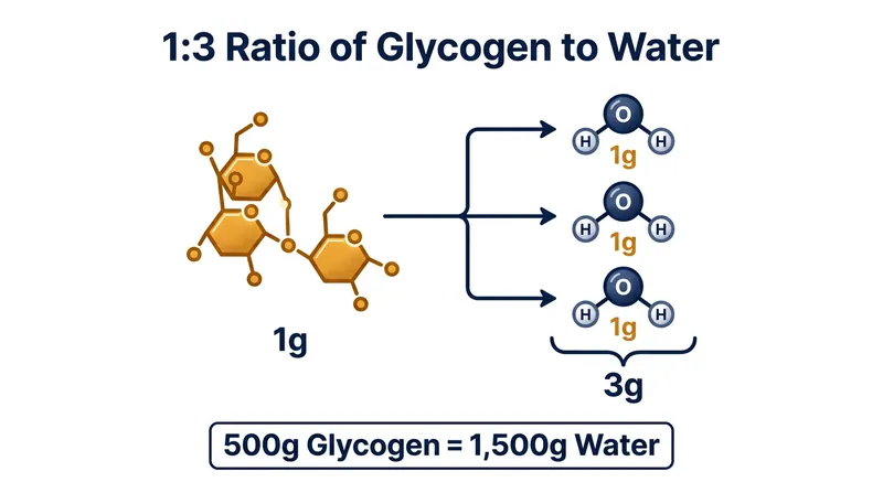 Every gram of stored carbohydrate requires three grams of water to hold it in the muscle tissue.