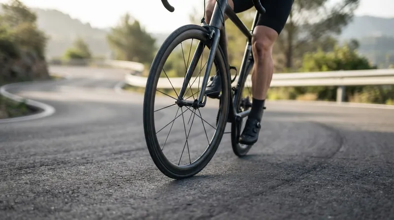 A professional road cyclist leaning aggressively into a sharp right-hand corner on a mountain descent.