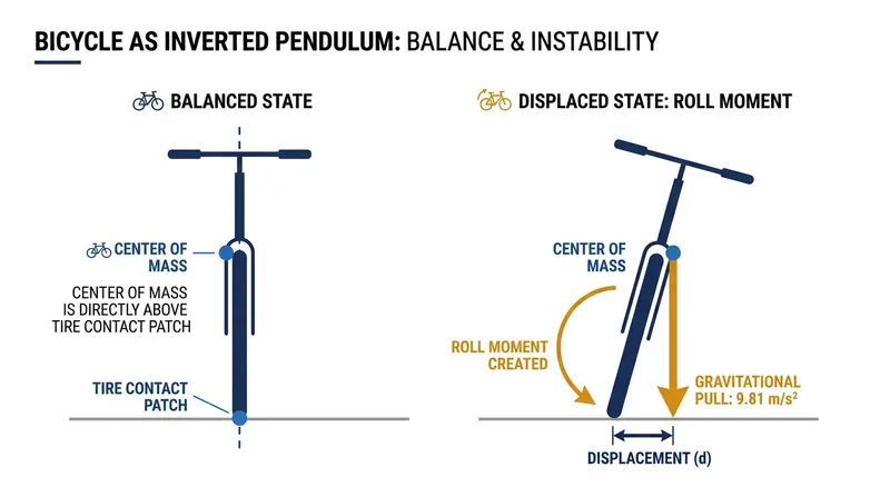 When the contact patch moves left, gravity pulls the unsupported center of mass down to the right.