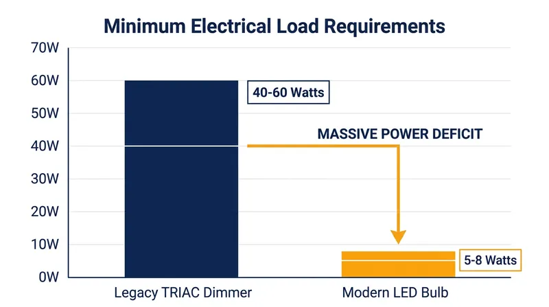 A single LED bulb often fails to draw enough power to keep a legacy TRIAC dimmer engaged.