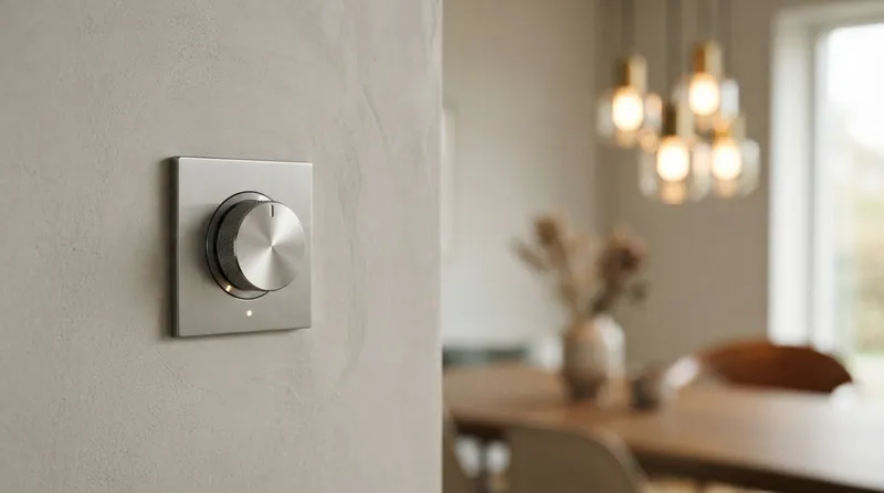 A close-up view of a modern trailing-edge dimmer switch being installed in a residential wall box.