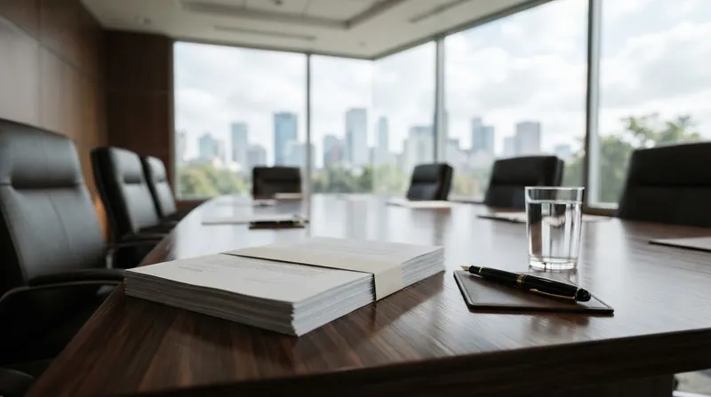 A modern corporate boardroom table featuring thick legal documents and a silver pen under soft lighting.