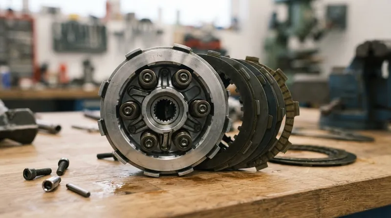 A disassembled motorcycle clutch hub resting on a workbench, showing the angled aluminum ramps machined into the center.