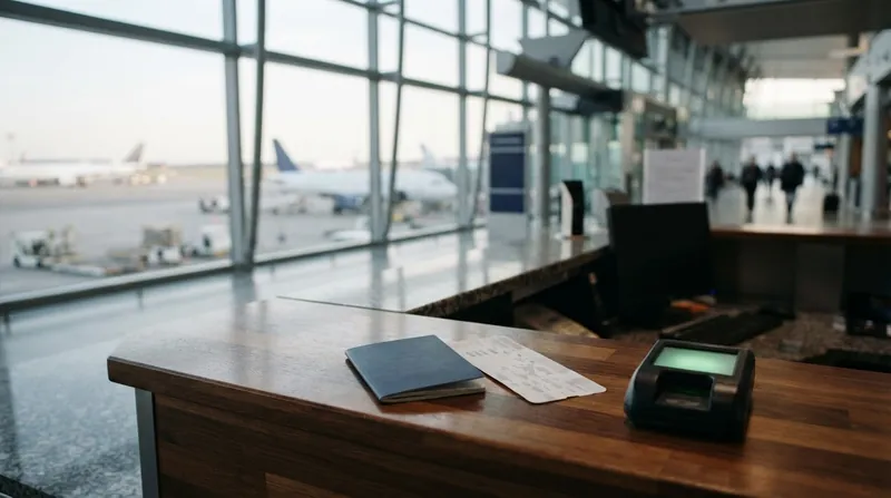 An airline check-in agent's computer monitor displaying a red 'Boarding Denied' alert next to a scanned passport.