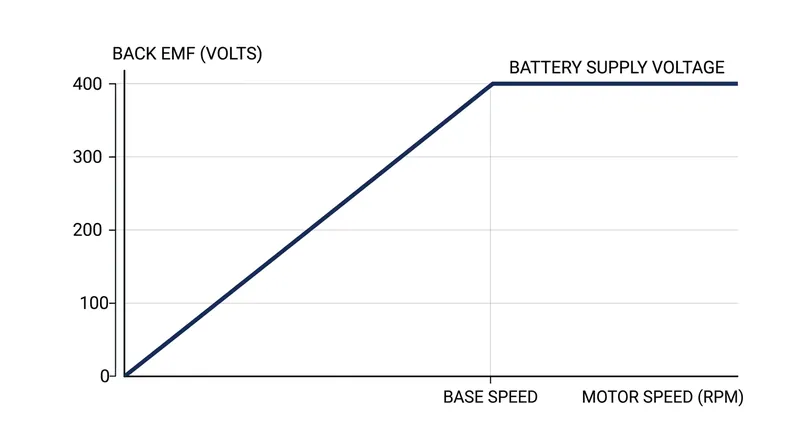 As motor speed increases, Back EMF rises until it matches the battery voltage, creating a natural speed limit.