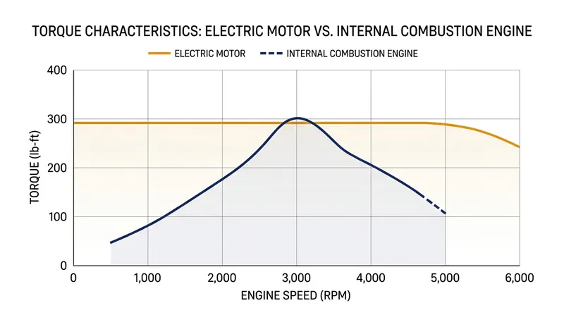 Electric motors deliver maximum torque instantly at zero RPM, unlike combustion engines which must rev to build power.