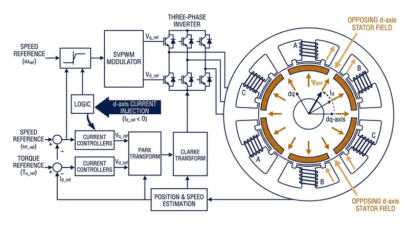 Field weakening uses software to inject a counter-current that suppresses the rotor's magnetic field, allowing higher speeds.