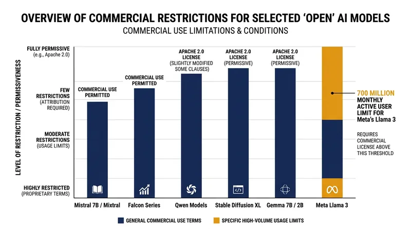 Commercial restrictions in open-weight licenses explicitly violate the Open Source Definition.