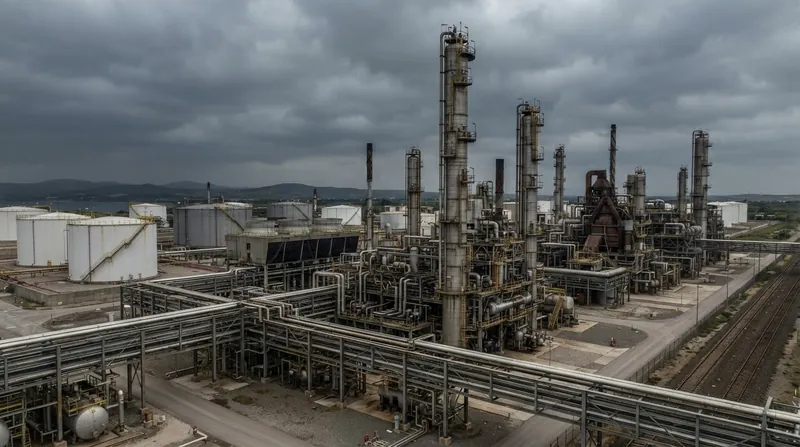 A sprawling industrial oil refinery complex with tall distillation columns under a hazy dawn sky.