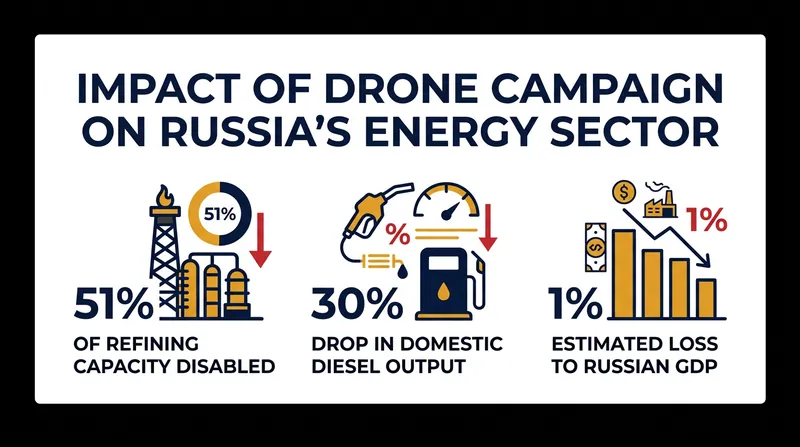 The cumulative economic and operational toll of the deep-strike campaign on Russia's downstream oil sector.