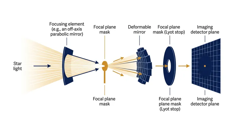 A coronagraph uses masks and active mirrors to suppress a host star's glare.