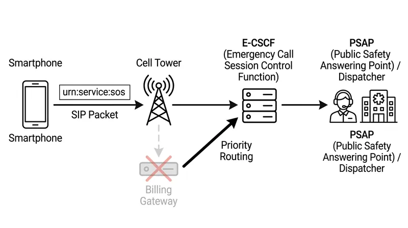Emergency SIP packets carry a specific priority flag that instructs network routers to bypass commercial billing nodes entirely.