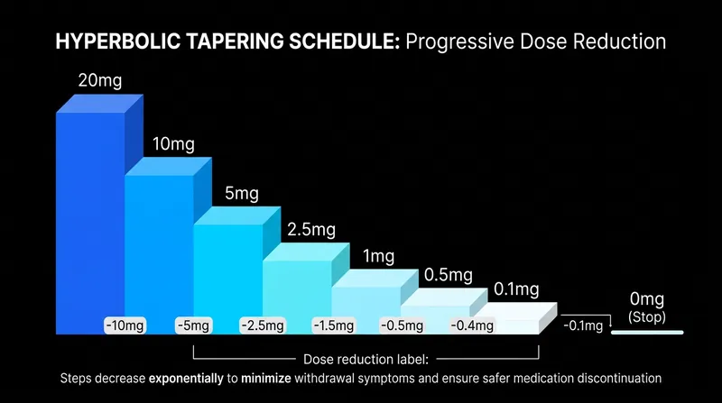 Hyperbolic tapering requires the physical size of the dose reduction to shrink as the total dose gets lower.