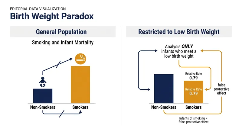 Stratifying by birth weight inadvertently conditioned on a collider, manufacturing a false protective effect for maternal smoking.