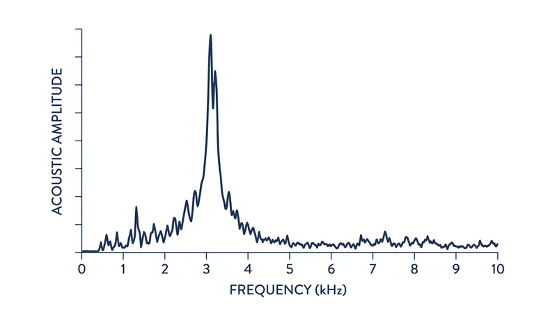 The implosion of cavitation bubbles generates a broadband acoustic emission that peaks between 1 and 5 kHz.