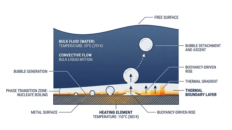 During subcooled nucleate boiling, steam bubbles form at the superheated boundary layer before rising into the cold bulk fluid.