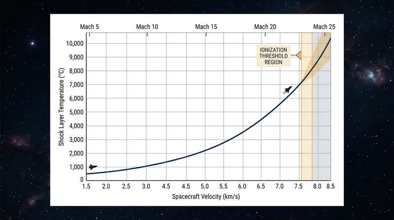 Shock layer temperatures rise exponentially with velocity, triggering thermal ionization above 2,500 degrees Celsius.