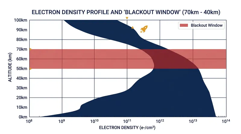 The critical blackout window occurs where atmospheric density is high enough to sustain a plasma, but velocity is still hypersonic.