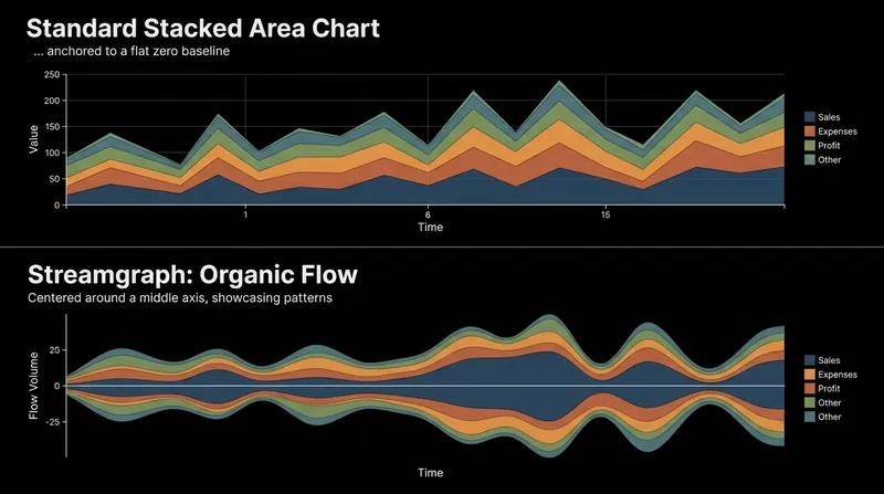 Streamgraphs center the data to reduce overall slope angles, but they eliminate the flat zero-baseline entirely, making every series harder to read.