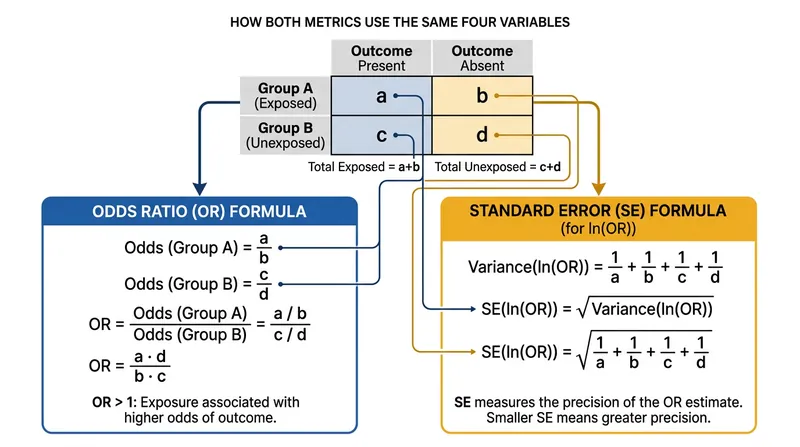 Both the odds ratio and its standard error are calculated from the identical set of trial results, coupling them mathematically.
