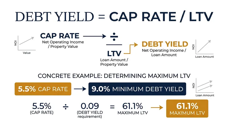 Because debt yield equals the cap rate divided by LTV, the market valuation dictates the maximum possible leverage.