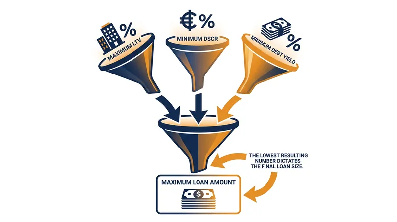 Underwriters size a commercial loan against three separate constraints, and the borrower receives the smallest resulting amount.
