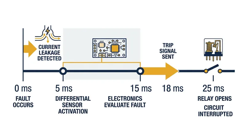 The mechanical relay severs the circuit in under 30 milliseconds, faster than a heartbeat.