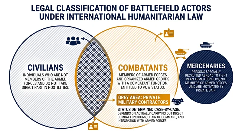 Under international humanitarian law, private military contractors who fail the mercenary test are generally classified as civilians accompanying the force.