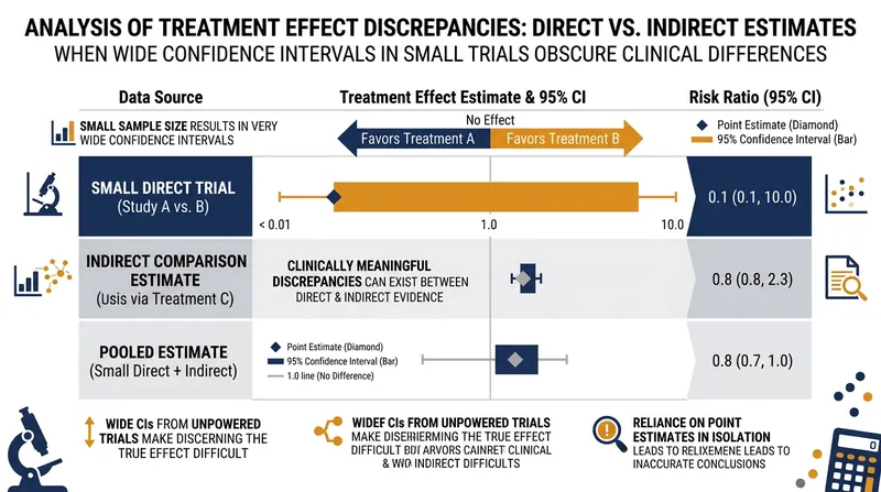 When direct evidence is sparse, wide confidence intervals can result in a non-significant p-value even when the clinical estimates wildly disagree.