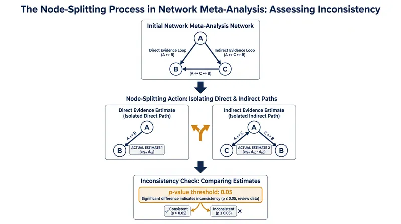 Node-splitting isolates the direct and indirect evidence loops, using a 0.05 alpha threshold to flag statistically significant divergence.