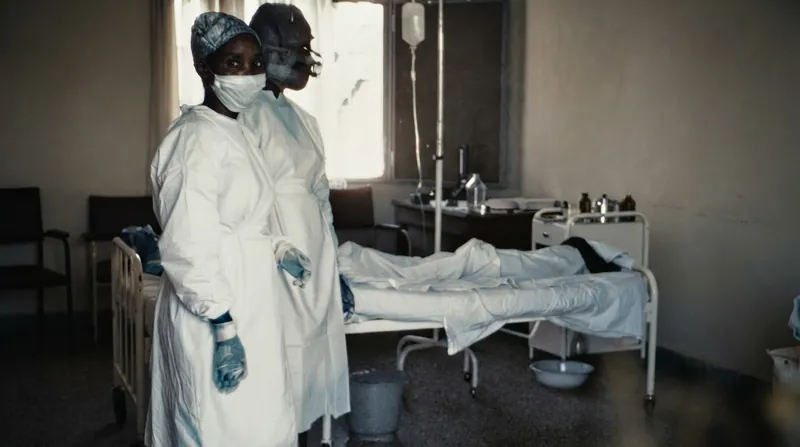 Medical workers wearing full yellow protective suits and face shields stand outside a temporary clinic.