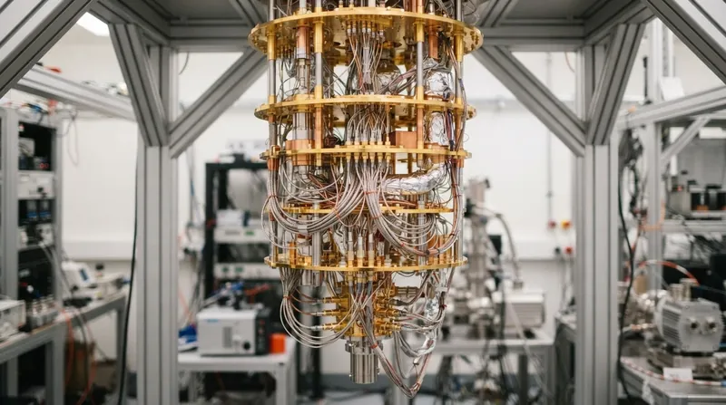 Illustration: The actual quantum processing unit sits at the very bottom of the cryostat, where the temperature reaches its absolute minimum.