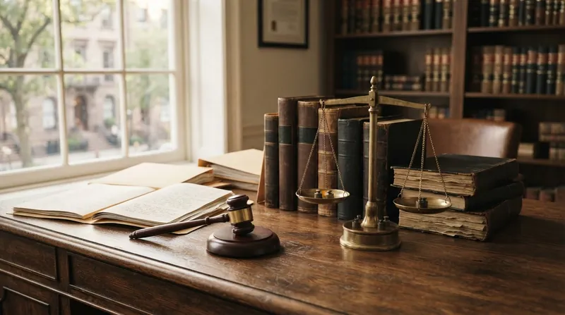 A wooden judge's gavel resting on a stack of legal invoices and a modern calculator on a polished mahogany desk.