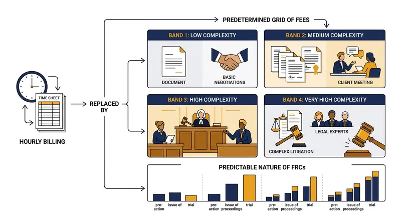 How the Fixed Recoverable Costs regime replaces hourly billing with a predetermined tariff grid.