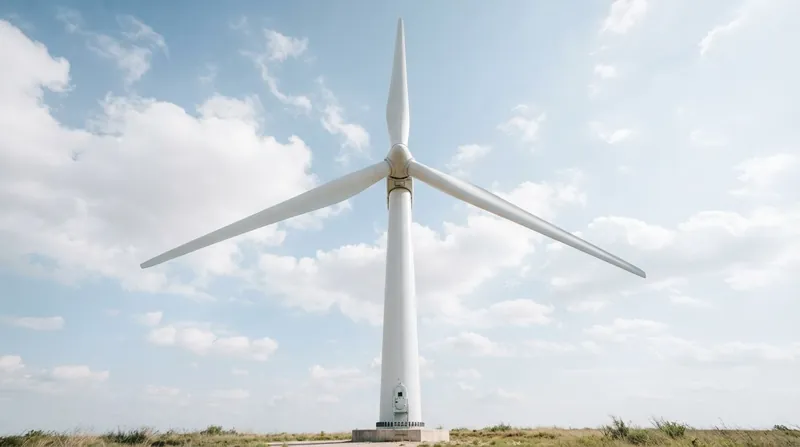 A low-angle view of a massive white three-blade wind turbine spinning against a clear blue sky.