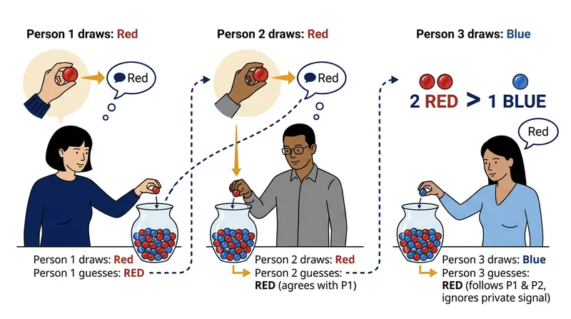 When the third person observes two identical prior choices, it mathematically overrides their single private signal.