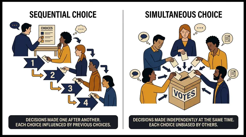 Simultaneous choice forces individuals to rely on their private signals, preventing the formation of a cascade.