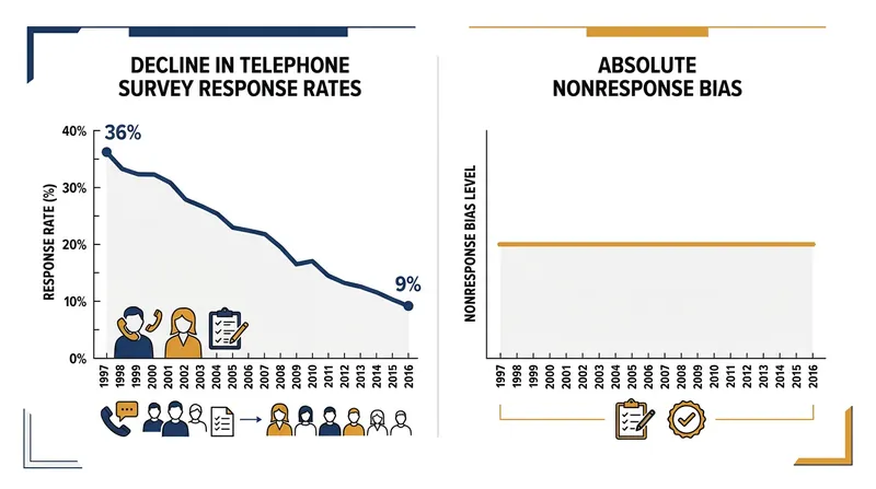 Pew Research Center data shows that while response rates collapsed over two decades, nonresponse bias remained virtually unchanged.
