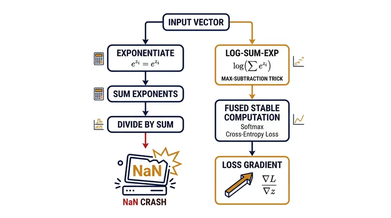 Deep learning frameworks fuse the Softmax and logarithm operations into a single Log-Sum-Exp pass to prevent intermediate zeros from causing underflow crashes.