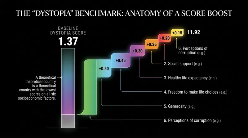 Dystopia serves as a statistical floor, allowing researchers to visualize how much each factor contributes to a country's score.