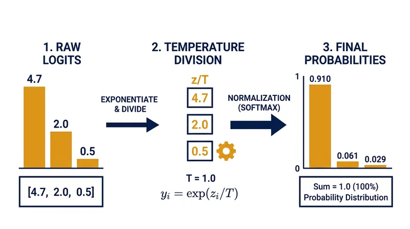 How raw logits are scaled by temperature before being converted into probabilities.