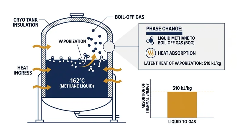 The latent heat of vaporization allows liquid methane to absorb thermal ingress without raising its bulk temperature.