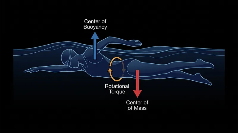 The longitudinal gap between the upward buoyant force and the downward gravitational force generates a continuous rotational couple.