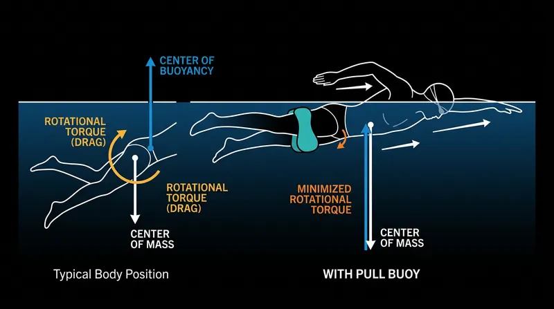 A pull buoy artificially shifts the center of buoyancy caudally, neutralizing the moment arm and eliminating the leg-sinking torque.