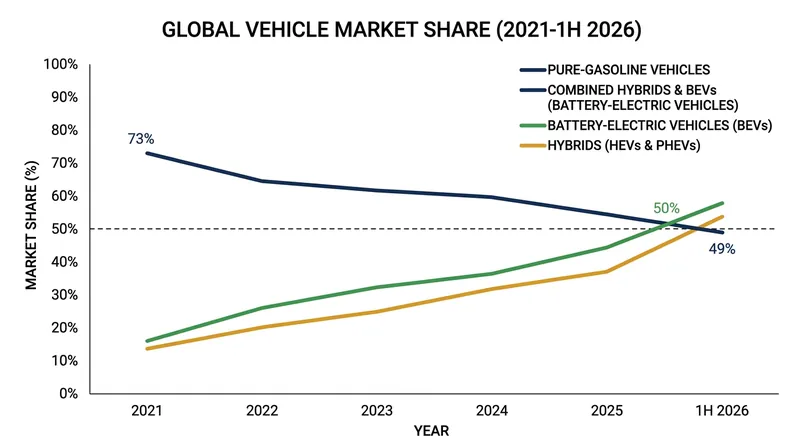 The market share of pure-gasoline vehicles has plummeted 24 percentage points in just five years.