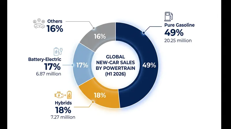 While pure-gasoline cars have fallen below half the market, conventional hybrids currently outpace fully electric vehicles in global sales.